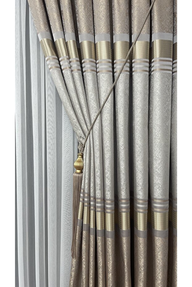 Pano Fon Perde Vizon Krem Altın Tek Kanat Sık Pileli Jakarlı Parlak Desenli 80 X 270 - 4