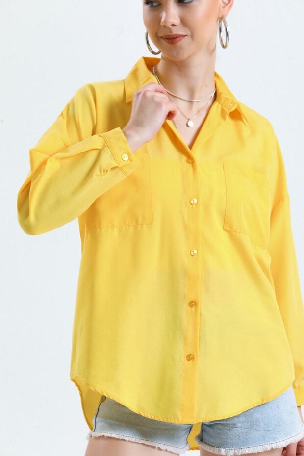 Kadın Sarı Cepli Oversize Uzun Basic Poplin Gömlek - 5