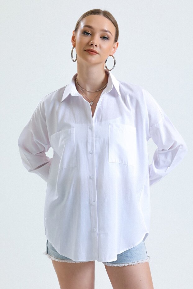 Kadın Beyaz Cepli Oversize Uzun Basic Poplin Gömlek - 2