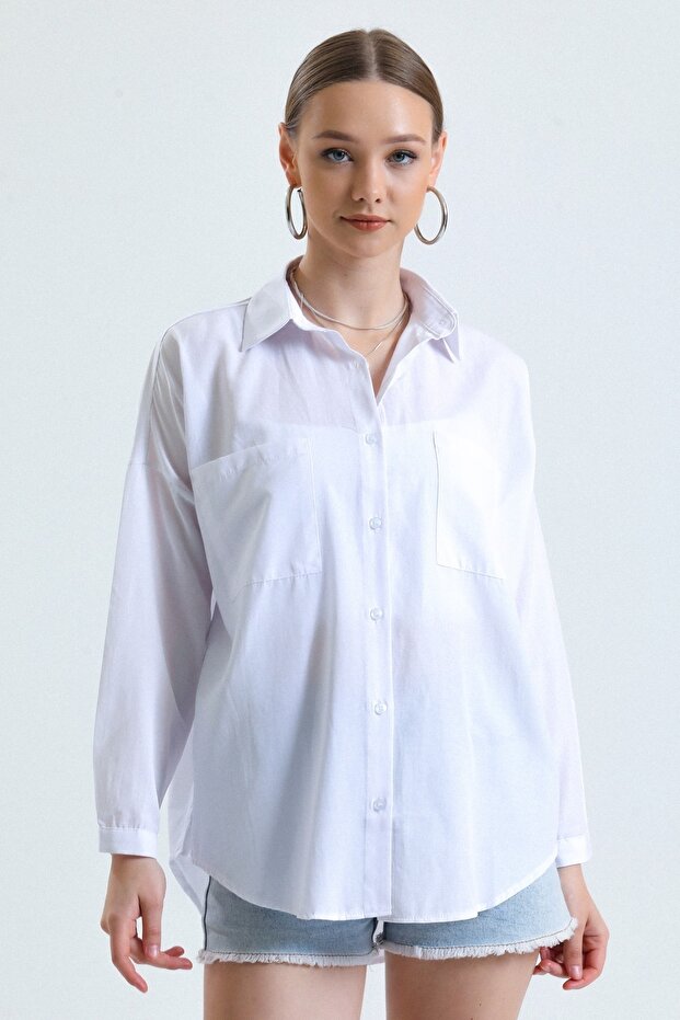 Kadın Beyaz Cepli Oversize Uzun Basic Poplin Gömlek - 4