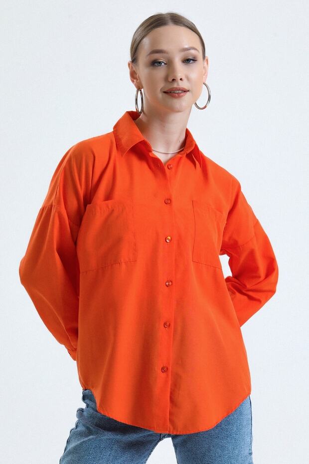 Kadın Turuncu Cepli Oversize Uzun Basic Poplin Gömlek - 4