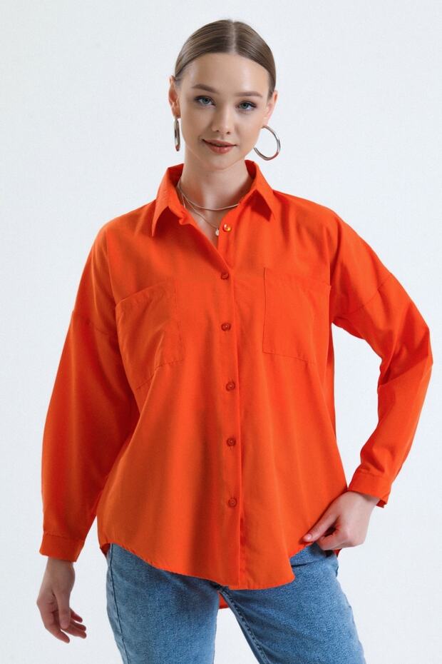 Kadın Turuncu Cepli Oversize Uzun Basic Poplin Gömlek - 5