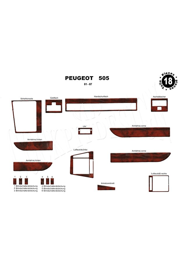 Meriç ® Peugeot 505 Front Glove Box Trim Mahogany 18 Pieces 1981-1987