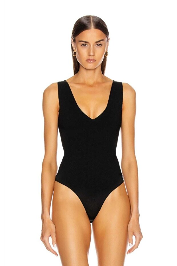 Women's Black V-Neck Sleeveless Silk Jersey Bodysuit