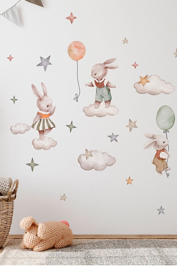 Cheerful Rabbits in Wonderland Kids Room Wall Sticker Set