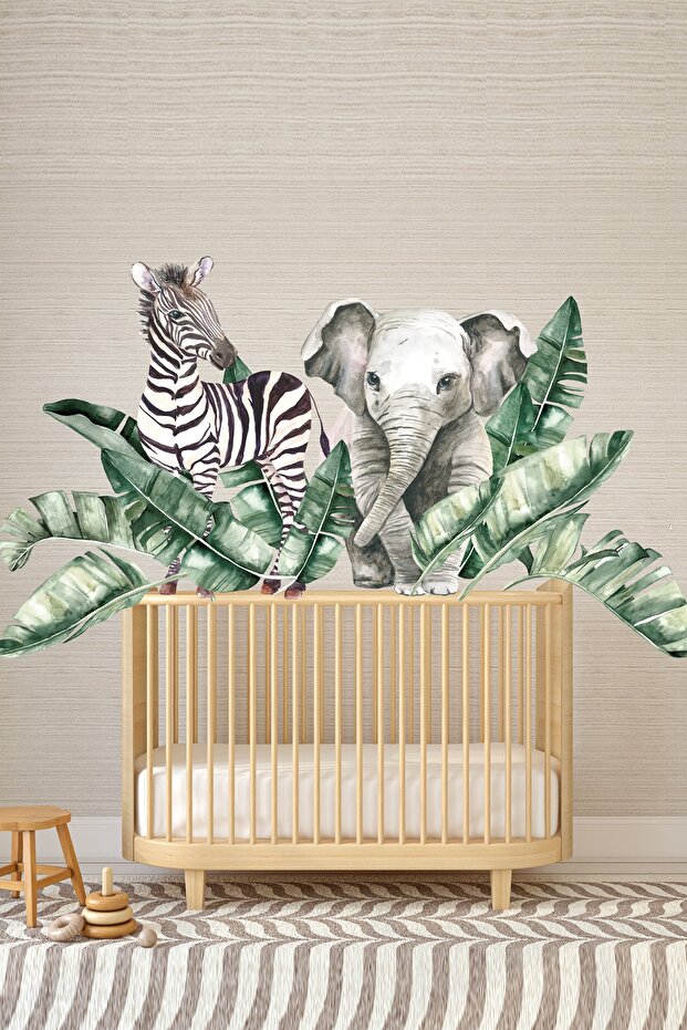 Giant Leaves Zebra And Elephant Tropical Watercolor Kids Room Wall Sticker Set