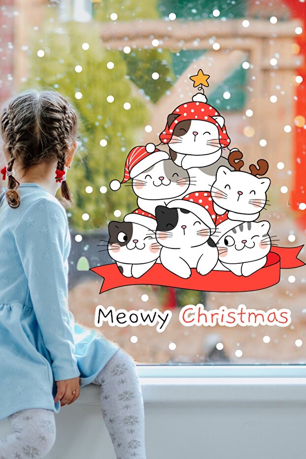 New Year Cute Cat Christmas Tree Glass Door Cabinet Sticker