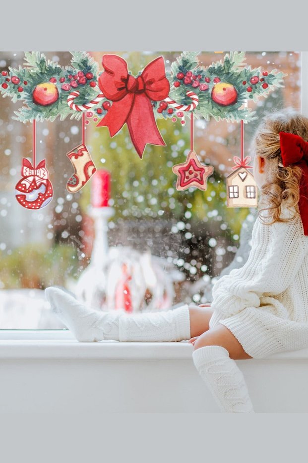 Christmas Ornaments with Ribbon New Year Glass Door Closet Decoration Sticker Set