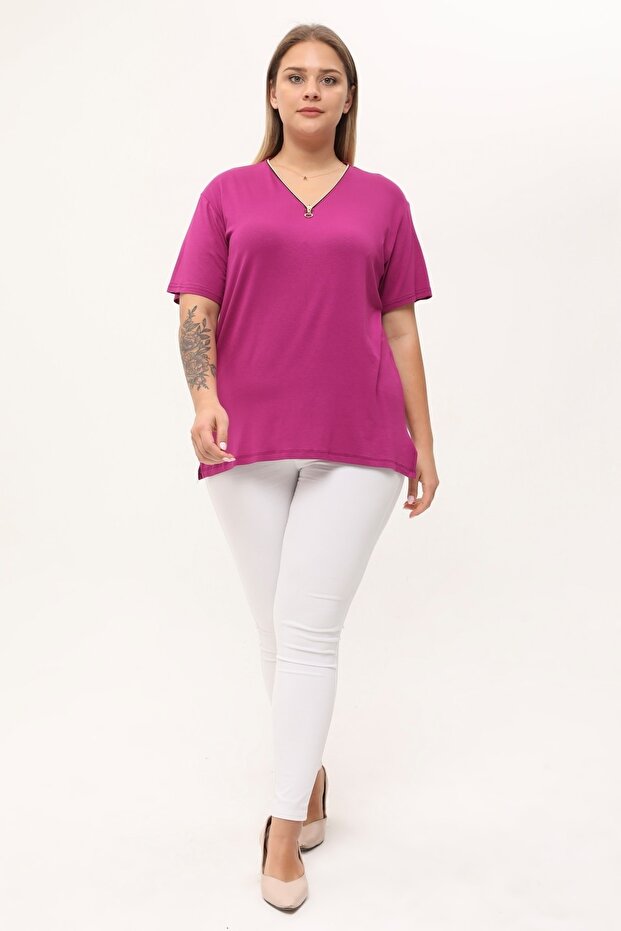 Plum Collar Zipper Detailed Plus Size Blouse
