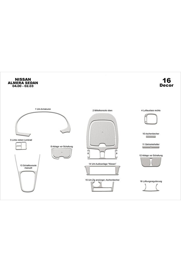 Meriç ® Nissan Almera Sd Front Glove Box Plated Aluminum 16 Pieces 2000-2003