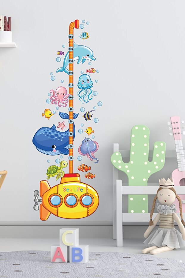 Sea Creatures Fishes Submarine Height Meter Kids Room Wall Sticker- Sim455