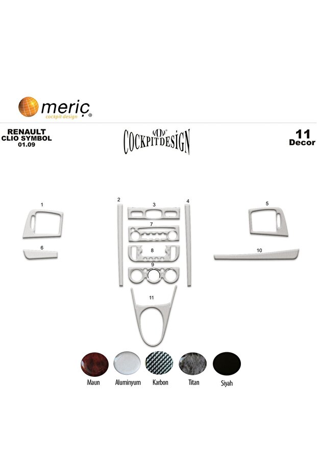 Meriç ® Renault Clio Symbol Front Glove Box Trim Aluminum 11 Pieces 2009-2011
