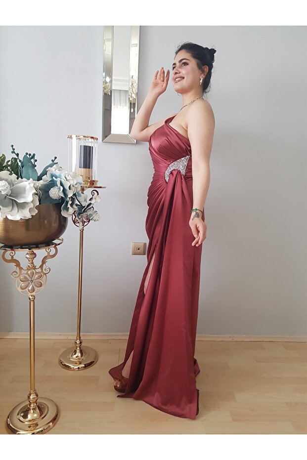 Women's Tile One Shoulder Satin Sweep Train Design Evening Dress