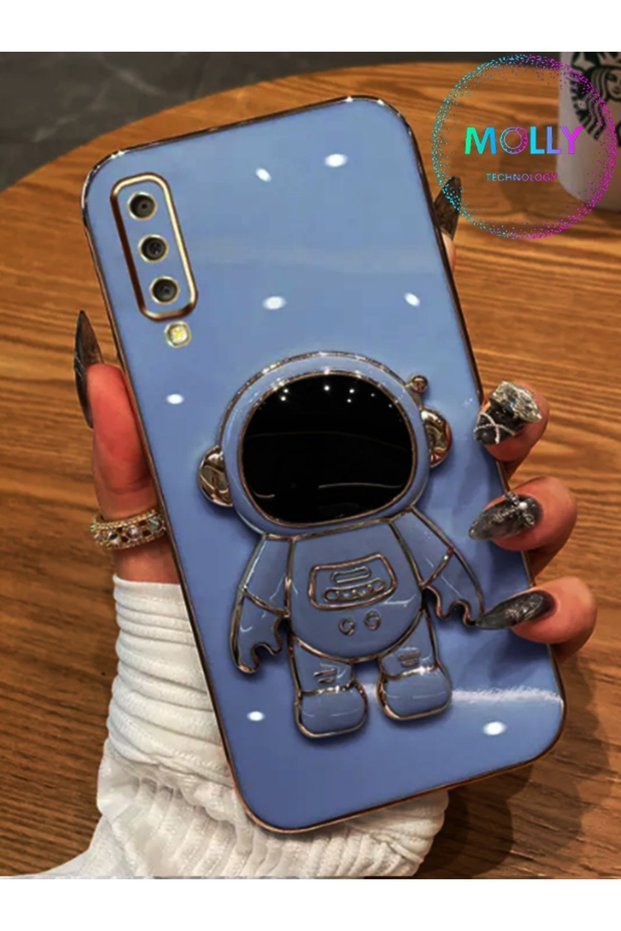 Petrol Blue Astronaut Stand Edge Gold Detailed Luxury Silicone Case for Samsung Galaxy A7 2018