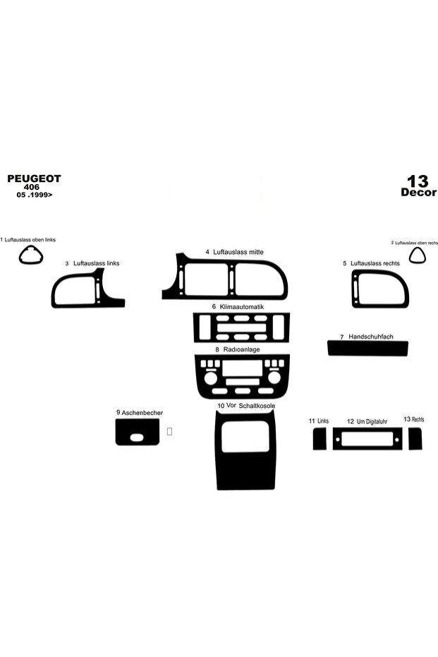 Meriç ® Peugeot 406 Front Glove Box Trim Gloss Black 13 Piece 1999-2005