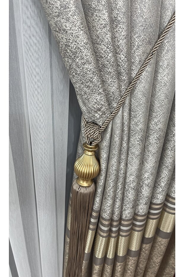 Pano Fon Perde Vizon Krem Altın Tek Kanat Sık Pileli Jakarlı Parlak Desenli 80 X 270 - 1