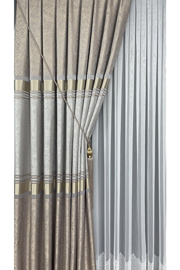 Pano Fon Perde Vizon Krem Altın Tek Kanat Sık Pileli Jakarlı Parlak Desenli 80 X 270 - 3