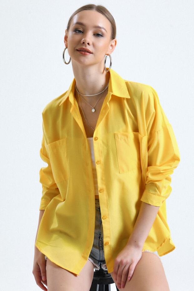 Kadın Sarı Cepli Oversize Uzun Basic Poplin Gömlek - 1