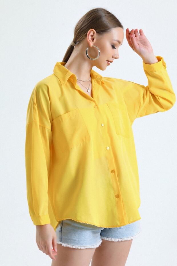 Kadın Sarı Cepli Oversize Uzun Basic Poplin Gömlek - 3