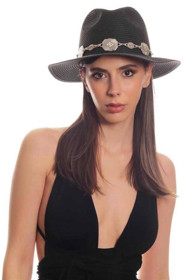 Women's Antique Silver Plated Metal Belt Detailed Original Design Black Color Straw Hat