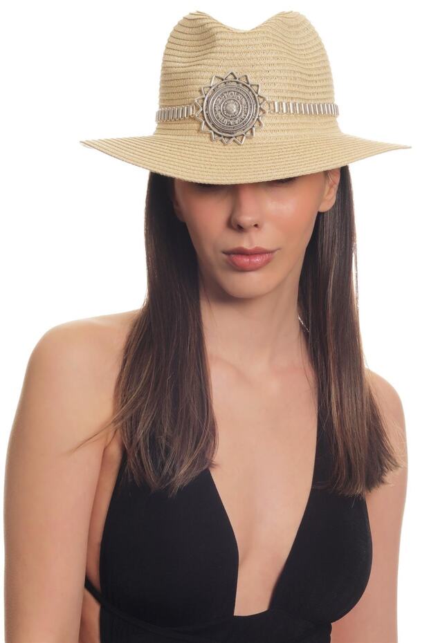 Women's Antique Silver Plated Metal Belt Detailed Original Design Beige Color Straw Hat