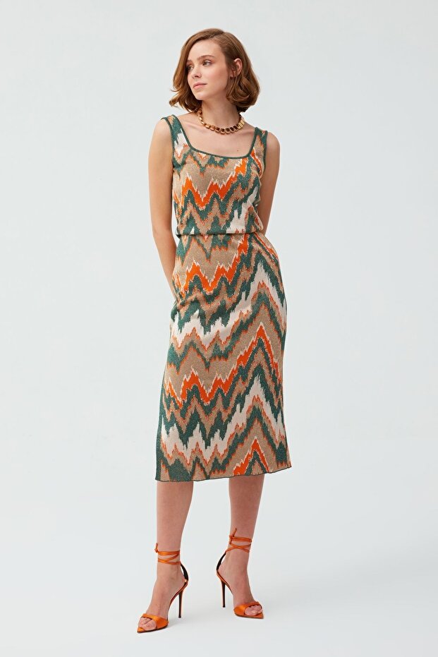 Simli Kare Yaka Multi Midi Elbise - 3