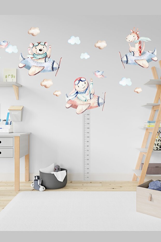 Race of Pilots in the Sky Children's Room Wall Sticker Set with Height Measurer