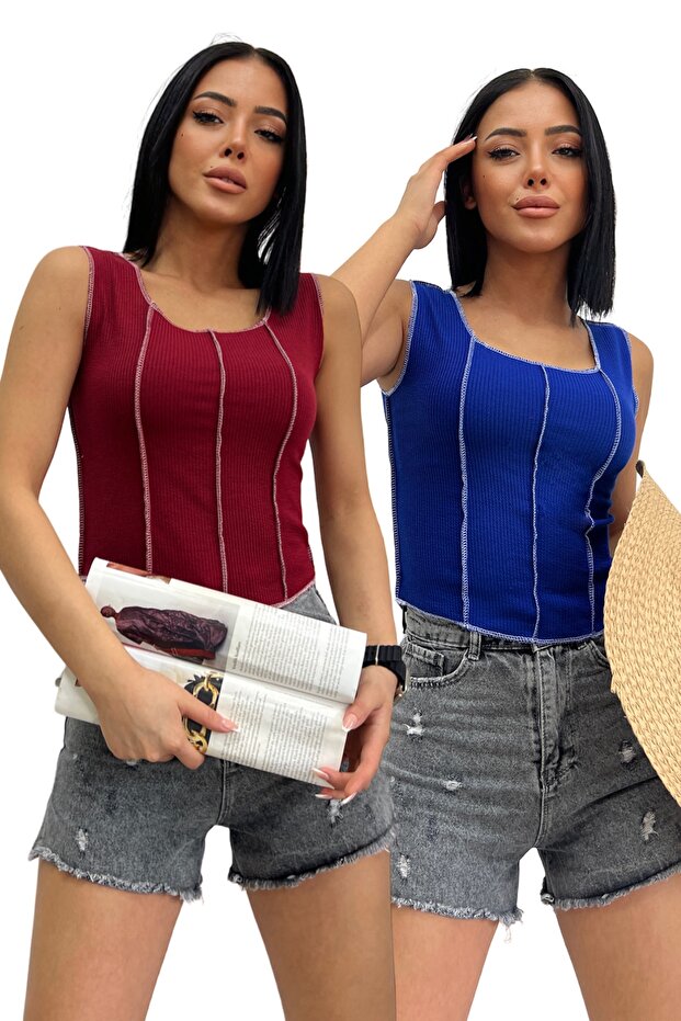 Women's Burgundy Cobalt Blue Reverse Stitch 2-Piece Corded Fabric Crop Blouse