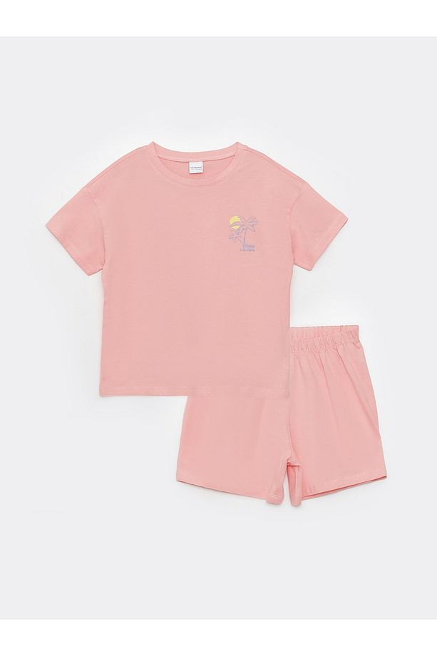 Bisiklet Yaka Baskılı Kısa Kollu Kız Çocuk Şortlu Pijama Takımı - 1