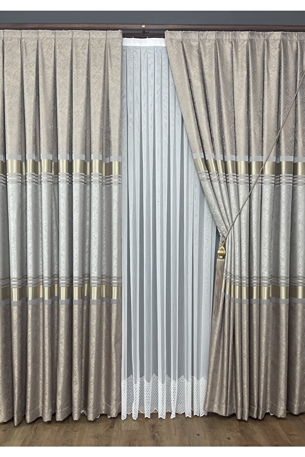 Pano Fon Perde Vizon Krem Altın Tek Kanat Sık Pileli Jakarlı Parlak Desenli 80 X 270 - 5