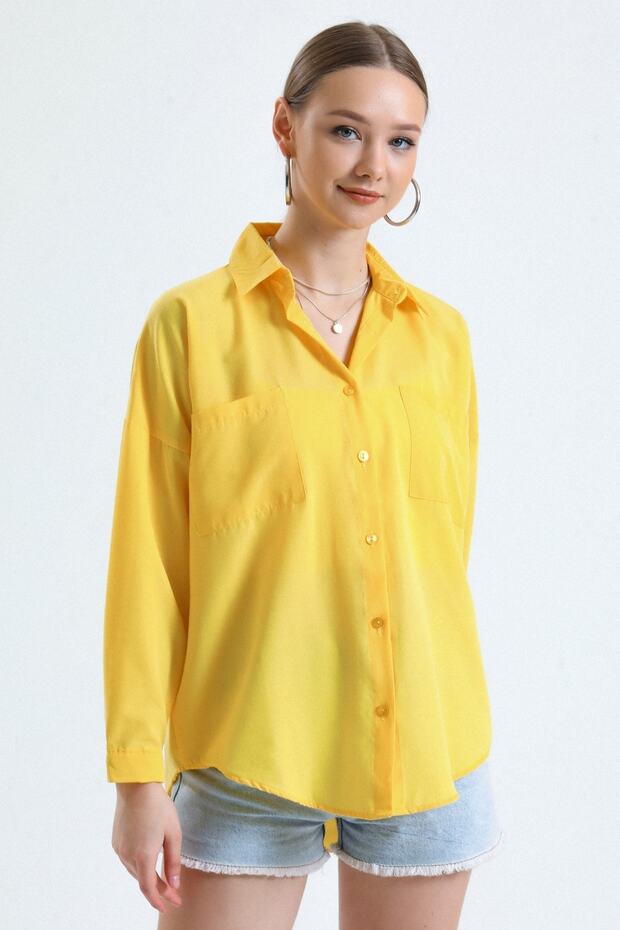 Kadın Sarı Cepli Oversize Uzun Basic Poplin Gömlek - 2