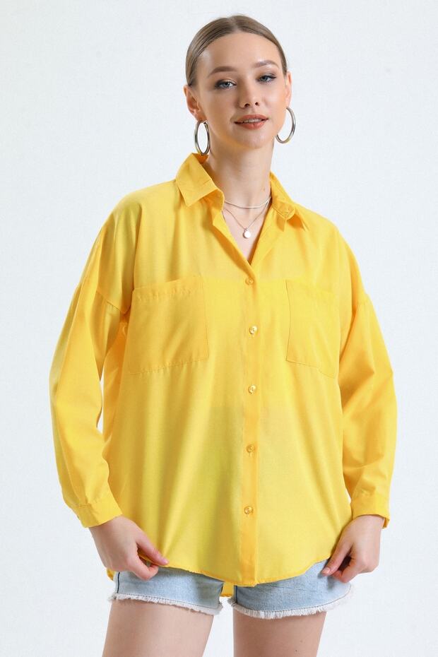 Kadın Sarı Cepli Oversize Uzun Basic Poplin Gömlek - 4