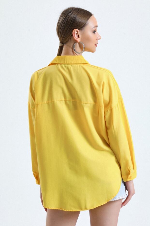 Kadın Sarı Cepli Oversize Uzun Basic Poplin Gömlek - 6