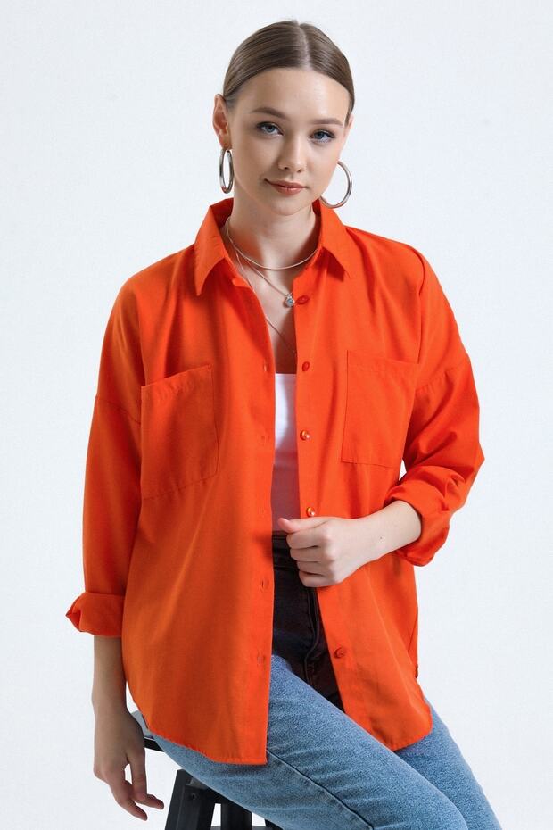 Kadın Turuncu Cepli Oversize Uzun Basic Poplin Gömlek - 2