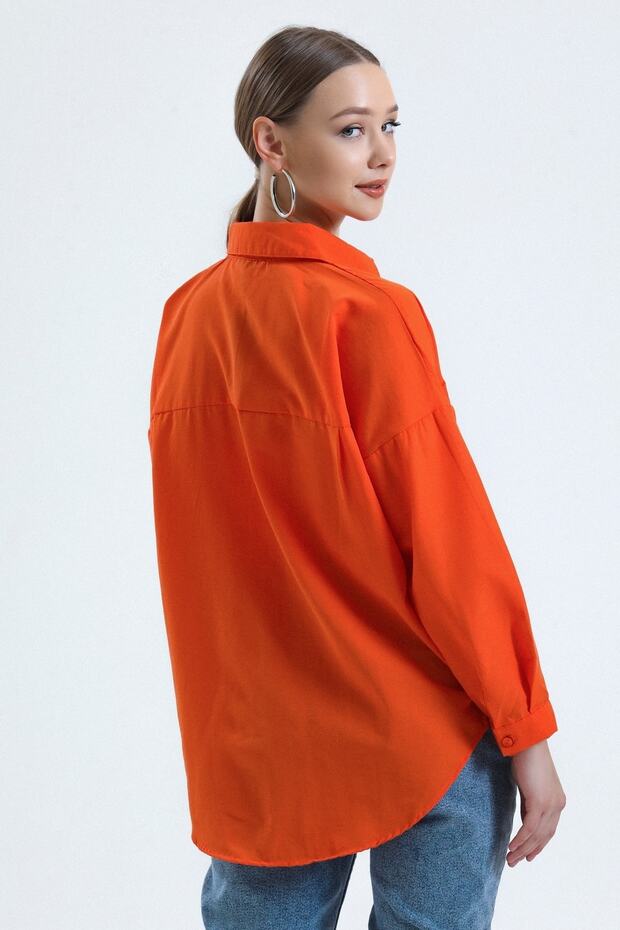 Kadın Turuncu Cepli Oversize Uzun Basic Poplin Gömlek - 6
