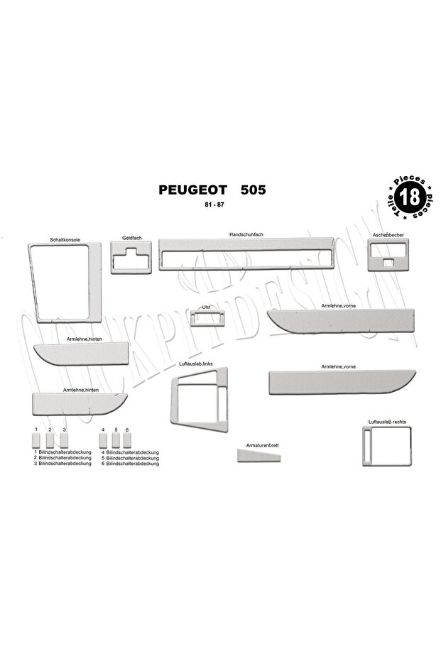 Meric® Peugeot 505 Front Torpedo Trim Aluminum 18 Pieces 1981-1987