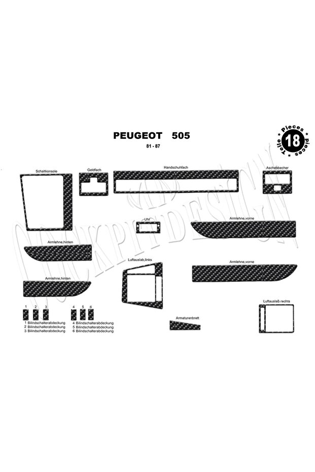 Meriç ® Peugeot 505 Front Glove Box Trim Carbon 18 Pieces 1981-1987