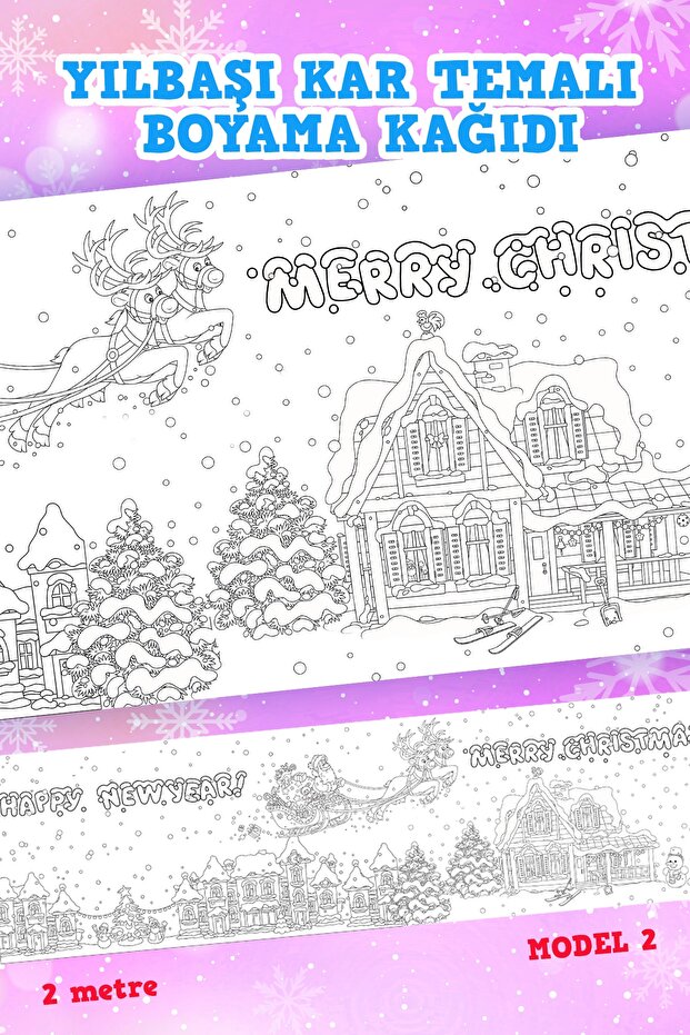 - New Year's Fairytale City and Snow Themed Coloring Activity Paper - Model2 - 60 X 200 Cm