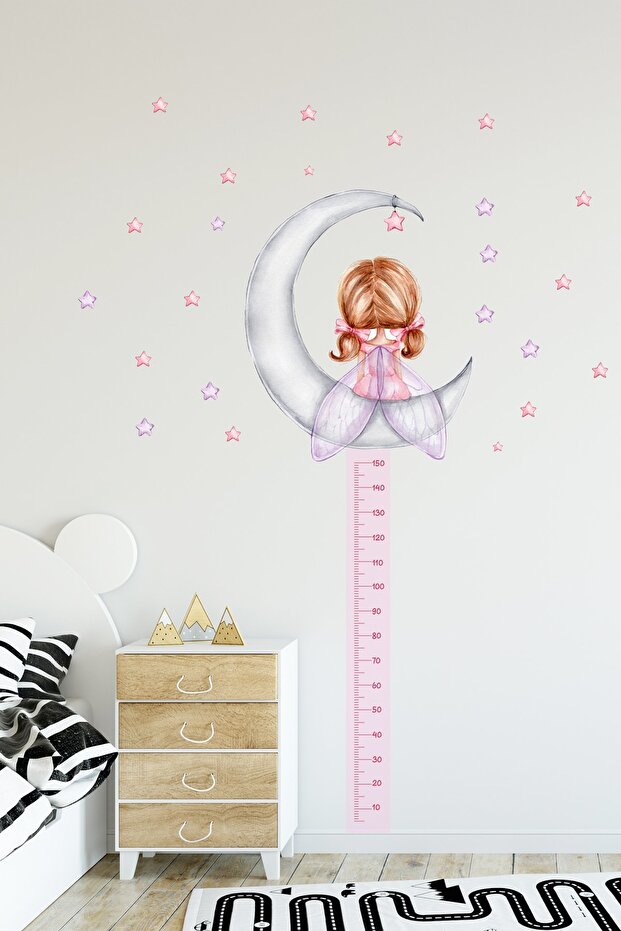 Fairy Girl Sitting on the Pink Moon Height Gauge Wall Sticker Set - Sim740