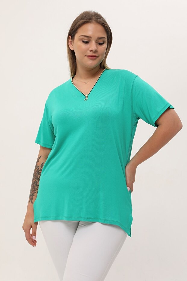 Green Collar Zippered Plus Size Blouse