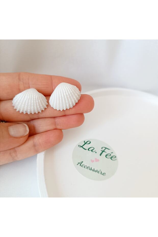 White Steel Earrings - Needle and Polymer Clay Seashell Handmade