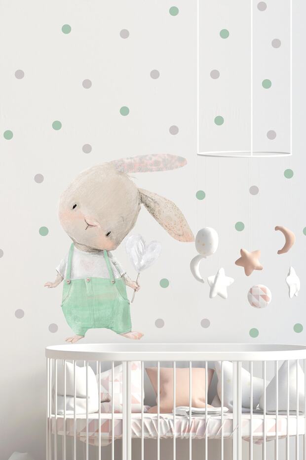 Cute Rabbit in Green Overalls and Polka Dots Kids Room Wall Sticker Set - Sim633