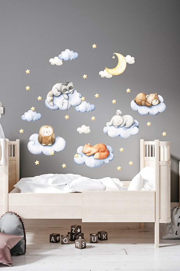 Little Sleepy Animals - Blue Kids Room Wall Sticker Set
