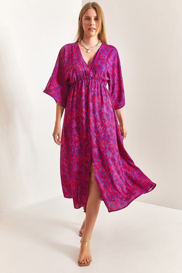 Women's Fuchsia Double-Breasted Collar Front Slit Dress 40861028