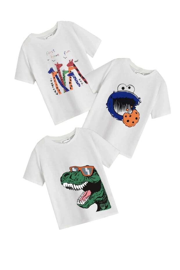 Kids White Giraffe, Dinosaur and Cookie Monster Printed Set of 3 Oversized Children's T-Shirts