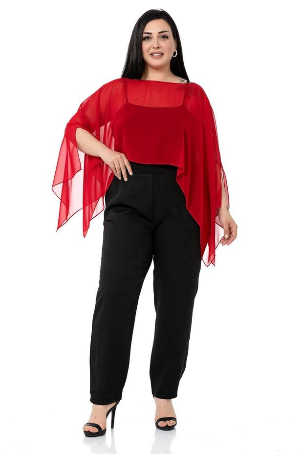 بوليرو شيفون أحمر مقاس كبير غير متماثل