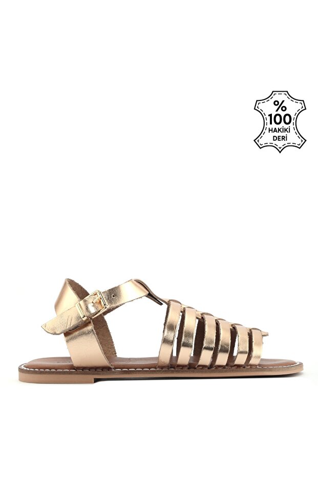 Genuine Leather Flat Gladiator Sandals Gold - Serim