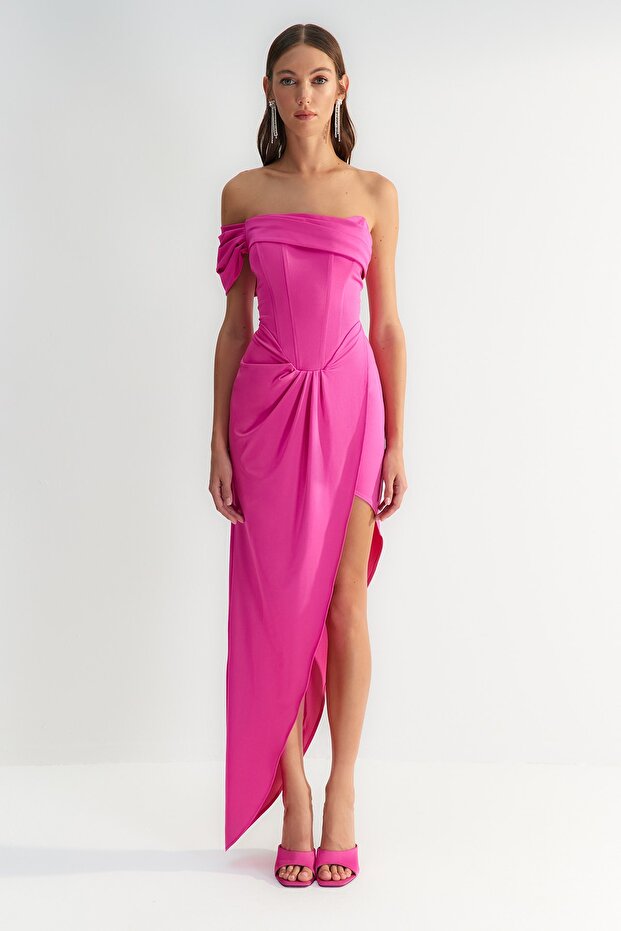 X Zeynep Tosun Fuchsia Body-Sitting Corset Detailed Evening Dress & Homecoming Dress TCLSS23AE00013 - 2