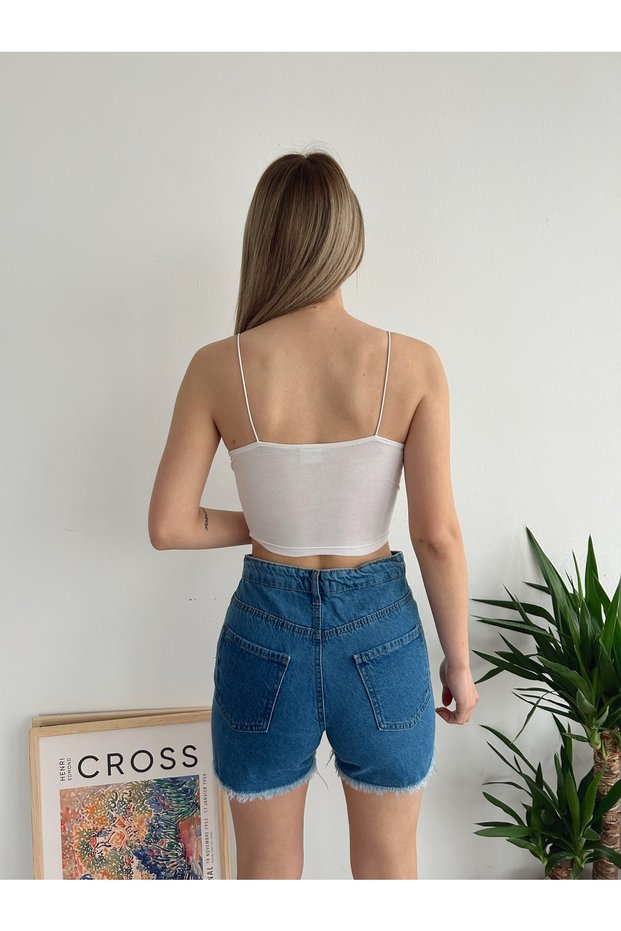 Women's High Waist Tassel Detailed 5 Pocket Denim Shorts