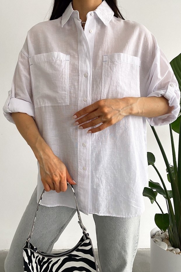 Women's White New Season Folding Sleeve Wide Loose Fit Double Pocket Shirt